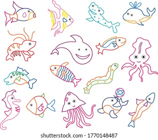 Coloring book sea animals set. Colorful cartoon characters fish, crab, octopus, turtle, whale, sea horse, lobster, shark, snail and other animals for kids isolated background. Vector illustration 
