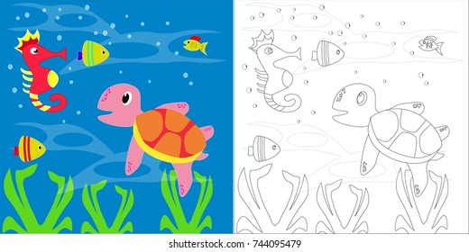 coloring book sea animals. vector cartoon illustration