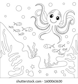 Coloring book. Sea fish and Octopus. Underwater world. Ocean. Vector illustration for children.