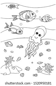 Coloring Book Sea Life. Exotic Fishes And Jellyfish. Underwater World. Outline Vector Black And White Illustration For Colouring Book Page.