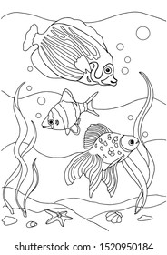 coloring book sea life. exotic and aquarium fishes. Underwater world. outline vector Black and white illustration for colouring book page.