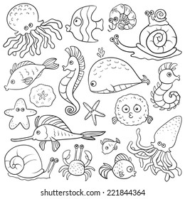 Coloring book (sea life), set of vector elements