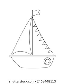 Coloring book sea sail boat contour outline flat vector illustration clip art isolated. Cute simple hand drawn design element