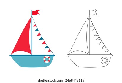 Coloring book sea sail boat contour outline flat vector illustration clip art isolated. Cute simple hand drawn design element