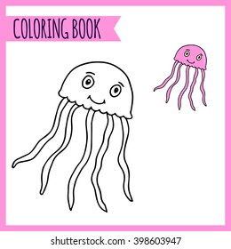 Coloring book. Sea theme. Vector hand drawn jellyfish.