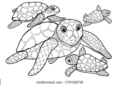 Coloring book with sea turtles. Mom and baby. Design for children and adults. Inhabitants of the ocean, animals with shell. For clothes, tattoos, packaging, textiles, books. Isolate on white.