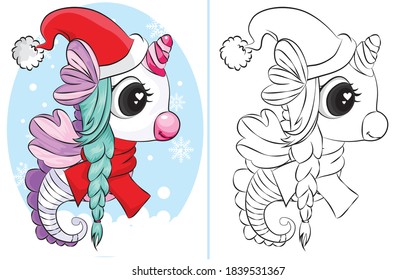 Coloring book of Seahorse with santa hat and scarf. coloring book for children..