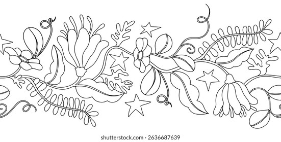 Coloring book. Seamless border of abstract flowers. Vector line illustration.