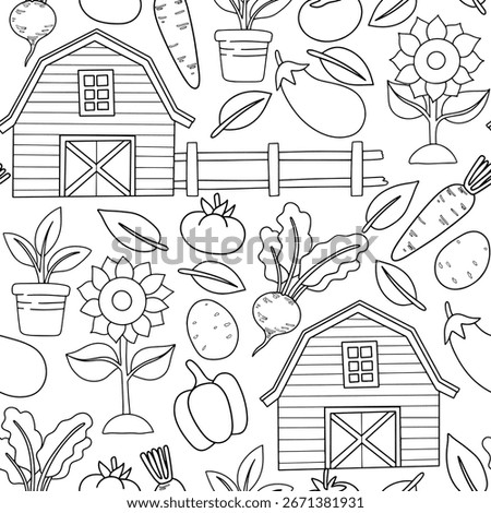 Coloring book. Seamless farm pattern. Vector drawing: barn, vegetables, sunflowers, plants. Illustration for children, cartoon.
