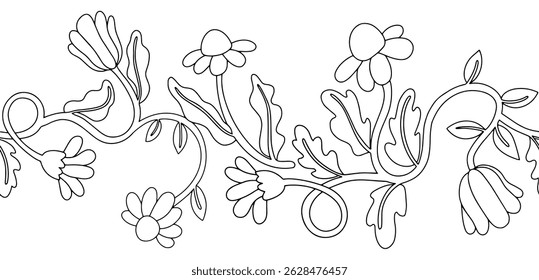 Coloring book. Seamless frame of flowers. Vector illustration in doodle style