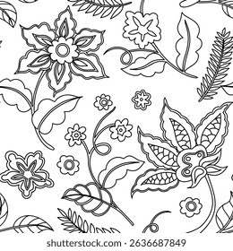 Livro de colorir. Padrão contínuo de flores abstratas. Ilustração de linha de vetor.