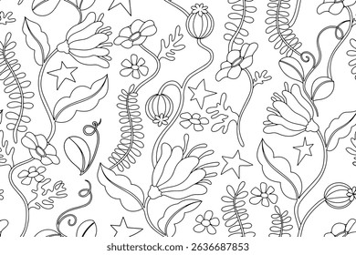 Coloring book. Seamless pattern of abstract flowers. Vector line illustration.