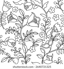 Coloring book. Seamless pattern of abstract fantasy flowers in folk style. Vector illustration in doodle style
