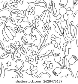 Livro de colorir. Padrão contínuo de flores. Ilustração vetorial em estilo doodle