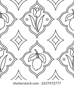 Coloring book. Seamless pattern with flowers and lemons in different frame shapes. Vector graphics, cartoon	