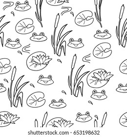 Coloring  book. Seamless pattern. Funny frogs.  Hand drawn. Adults, children.Black and white. 