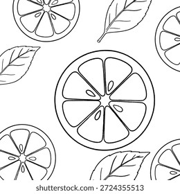 Colorir Livro padrão sem emenda de limes e folhas. Fundo vetorial com fatias de cal isoladas no branco.