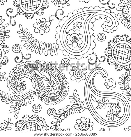 Coloring book. Seamless pattern of paisley ornament. Vector line illustration. Outline