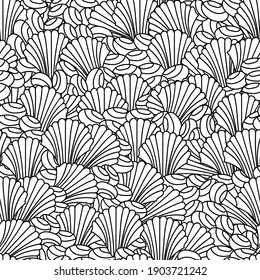 Coloring book. Seamless pattern of the sea floor, shells, corals. Hand-drawn black and white background for fabric, paper, meditative coloring for adults.