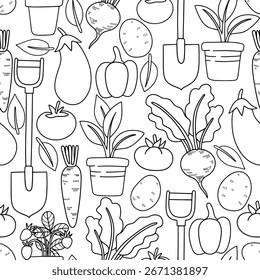 Coloring book. Seamless vector pattern with farm vegetables. Children's illustration, cartoon.
