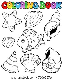 Coloring book with seashells - vector illustration.