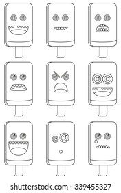 Coloring book - Set of 9 isolated ice cream emoticons