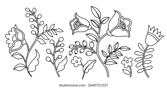 Coloring book. Set of abstract fantasy flowers, berries and leaves in folk style. Vector illustration in doodle style