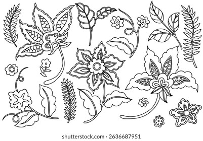 Libro para colorear. Conjunto de flores abstractas. Ilustración lineal de Vector.