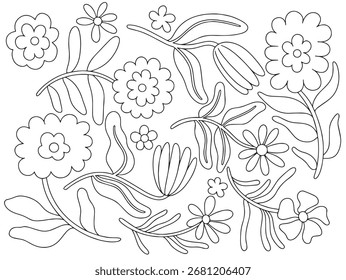 Livro de colorir, conjunto de flores abstratas em um moderno. Ilustração de linha de vetor.
