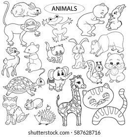 Coloring  book.  A set of animals, rabbit, hedgehog, giraffe, bear, deer, mouse, cat, wolf, frog. Hand drawn. Adults, children.  Black and white vector illustration.