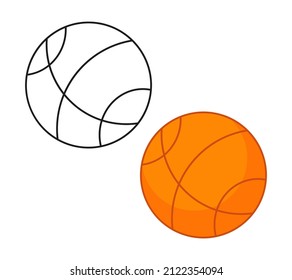 Coloring book set, basketball colored ball and line. Vector illustration in cartoon childish style. Isolated funny clipart on white background. cute print