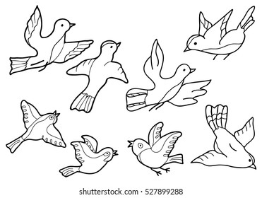  Coloring  book. Set of birds.  Hand drawn. Adults, children. Black and white. 