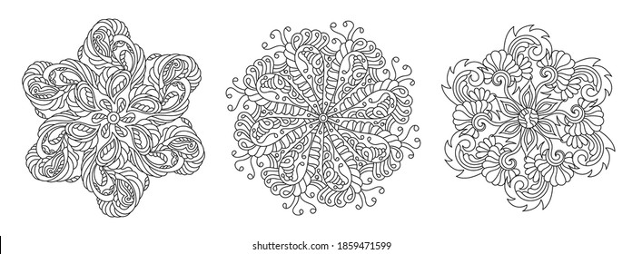 Coloring book set. Boho mandala decorative and plant elements. Monochrome Hand-drawn Ornate curls and floral pattern .