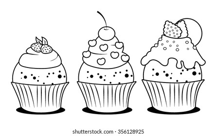 Coloring book with set cake - vector illustration.