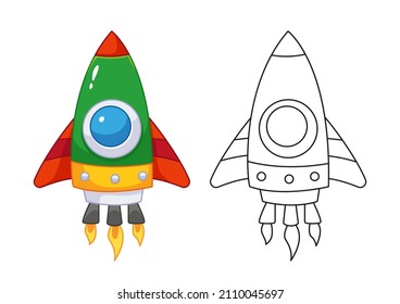 Coloring book set, Cartoon rocket in cute style and black line. Vector colorful illustration with outline. Drawing of space transport on a white background. Journey through the universe for children