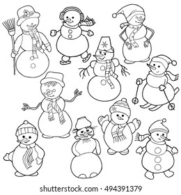  Coloring  book. Set of cheerful snowmen. Hand drawn. Adults, children. Black and white. 
