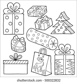  Coloring  book. A set of Christmas gifts, vector. Hand drawn. Adults, children. Black and white. 