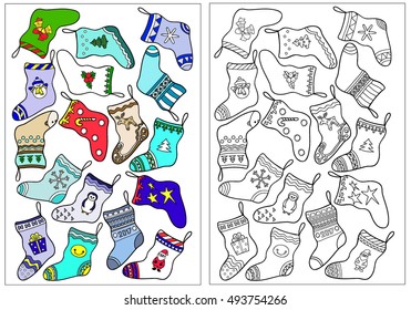  Coloring  book. Set of Christmas socks. Hand drawn. Adults, children. Black and white, color.