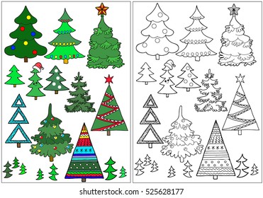  Coloring  book. A set of Christmas trees. Hand drawn. Adults, children. Black and white. Color.