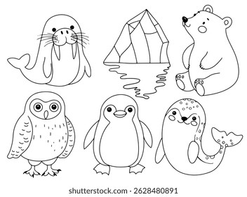 Coloring book. Set with cute characters, polar animals. Vector illustration in doodle style.
