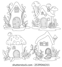 Libro para colorear. Conjunto de lindas casas de hadas de hadas. Dibujo de Vector para niños. Casa en el bosque. Doodle