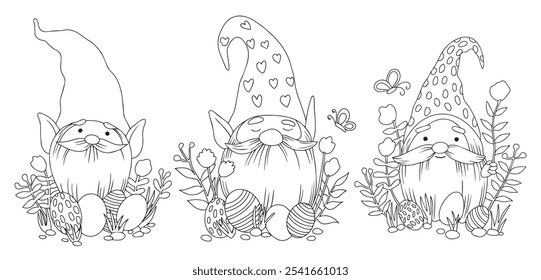 Coloring book. Set of cute gnomes with Easter eggs and flowers. Vector illustration on Easter theme. Doodle style
