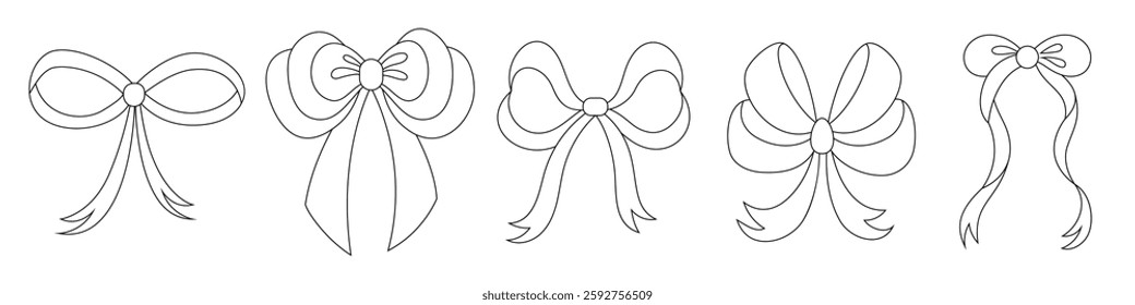 Coloring book of set of cute ribbon bow knots. Bows for decoration. Large retro hand drawn ribbons Illustration. Cartoon bows knot, gift ribbons.