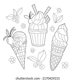 Coloring book set with desserts ice cream and berries. Vector graphics for coloring pages, prints on mugs, packages, packaging, kitchen towels.