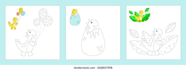 Coloring book set, dinosaurs on a white background. Vector graphics. Tyrannosaurus rex, Jurassic, dinosaur egg. The birth of the dinosaur. Printout for preschoolers. Design for books, notebooks.