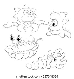 Coloring book. Set of four Cartoon fanny happy  monsters.