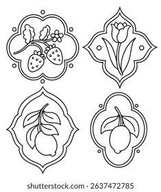 Coloring book. Set of frames of different shapes with flowers, berries and lemons. Vector graphics, cartoon	