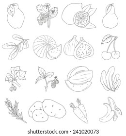 Coloring book. Set of fruits and vegetables