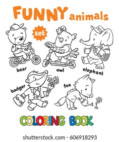 Coloring book set of funny baby animals, bear on bicycle, badger with bag, owl on scooter, elephant with backpack and fox watering flower. Children vector illustration