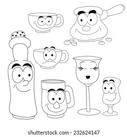 Coloring book. Set of funny cartoon tableware: glass, cups, mug, bottle, wine glasses, coffee maker.